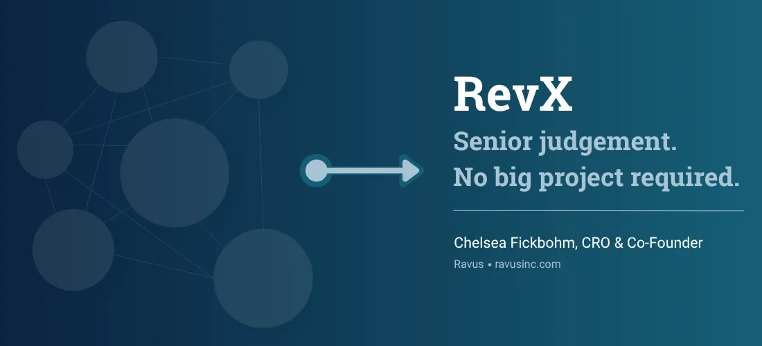 Abstract graphic of interconnected billing system nodes on a dark navy background, with a teal arrow representing the clarity that fractional RevOps consulting delivers — RevX by Ravus.