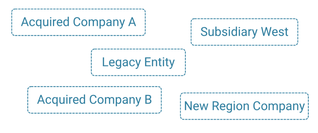 Five acquired companies and subsidiaries shown as disconnected account records with no parent-child hierarchy.